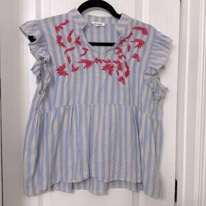 Kindred Women's Blue Tan Stripes Pink Floral Embroidery Ruffle Sleeve Top L